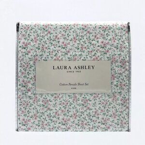 Laura Ashley Tierney White/Pink/Green Floral King Sheet Set 100% Cotton Percale